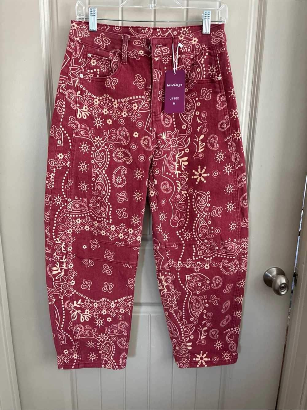 Loveimgs Red Bandana-Print Ankle Barrel Jeans